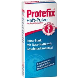 Eine Packung Protefix Haft-Pulver für die dritten Zähne.