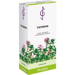 Eine Verpackung für Thymian-Tee mit Abbildung von Thymianpflanzen.